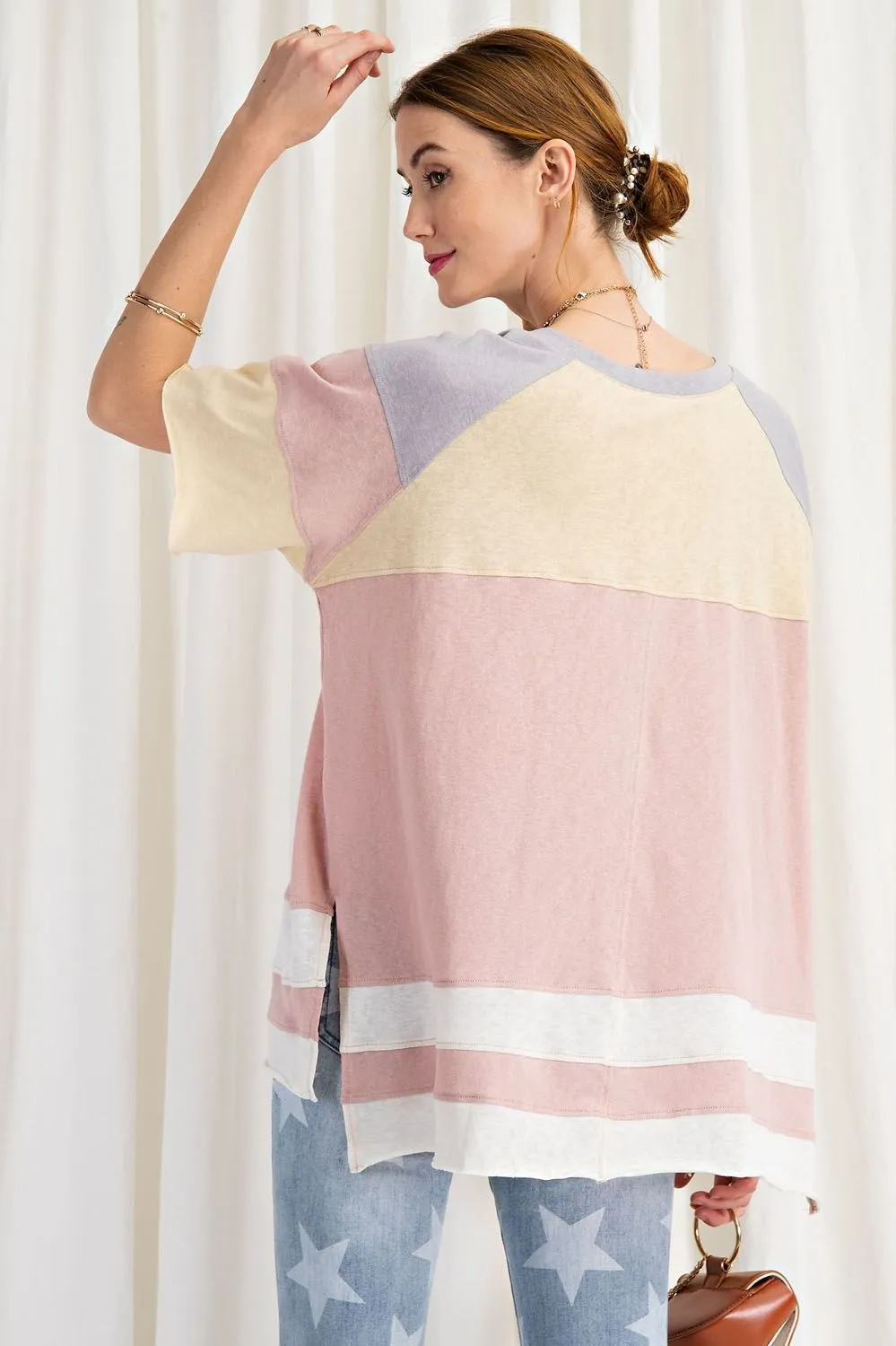 Keep it Real Color Blocked Top - Short Sleeve Cotton Jersey Loose Fit Top - available in 3 colors
