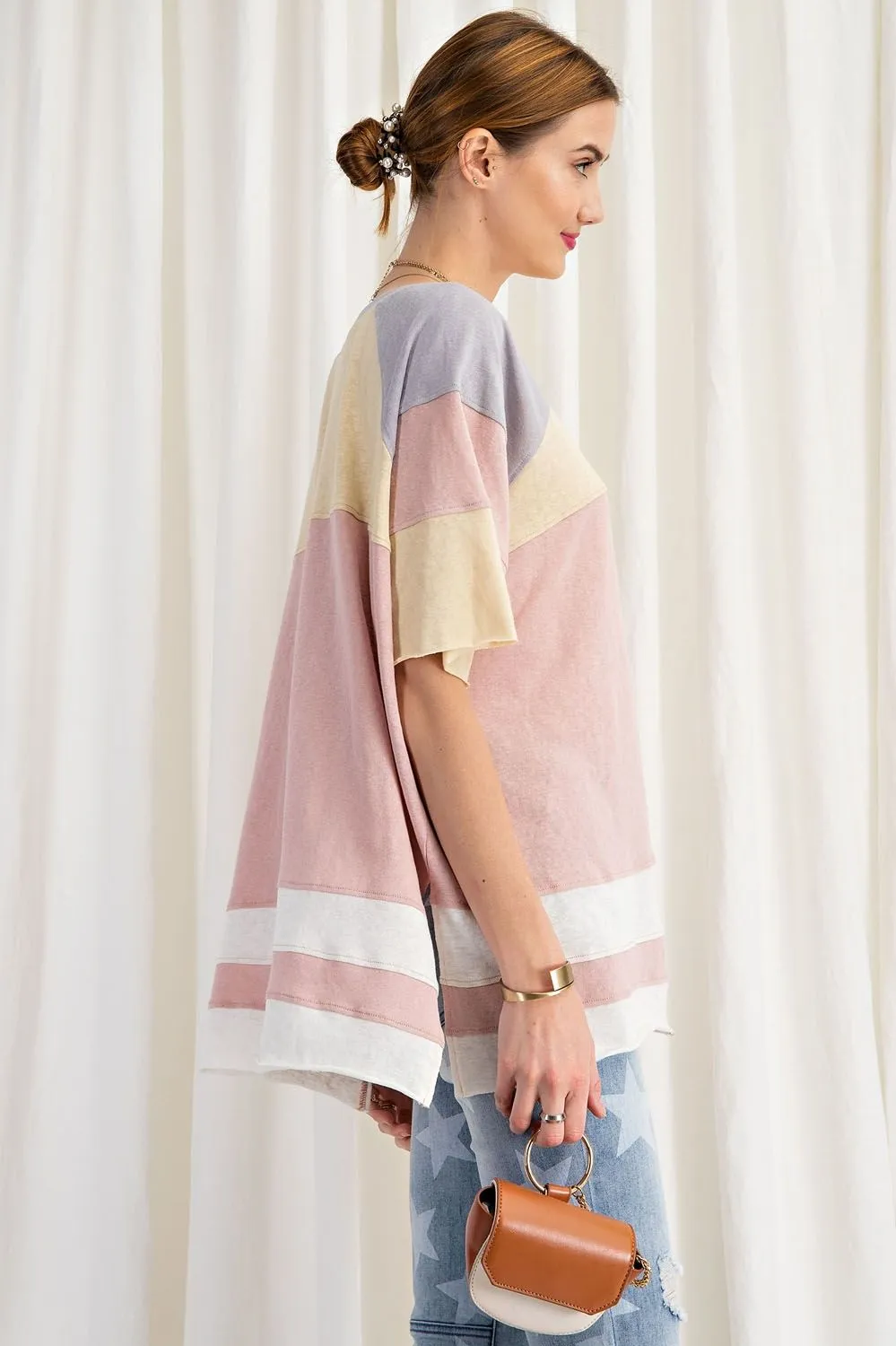 Keep it Real Color Blocked Top - Short Sleeve Cotton Jersey Loose Fit Top - available in 3 colors