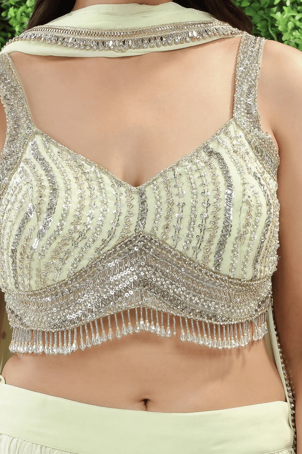 Lemon Yellow Beads, Zardozi, Stone, Pearl and Sequins work Crop Top with Palazzo Pant