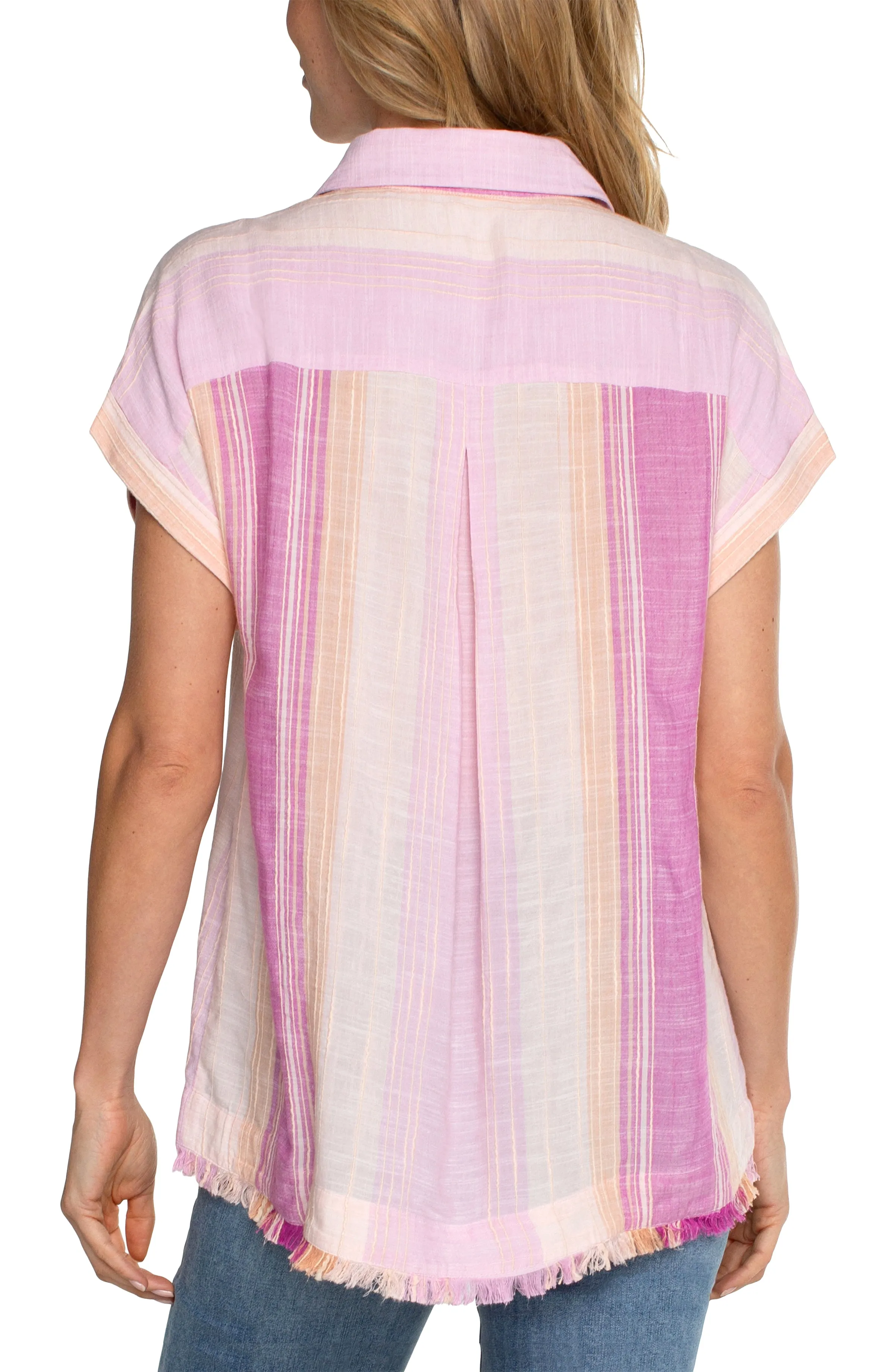 Liverpool Collared Camp Shirt w/ Hi-Low Hem and Fray (lavender multistripe)
