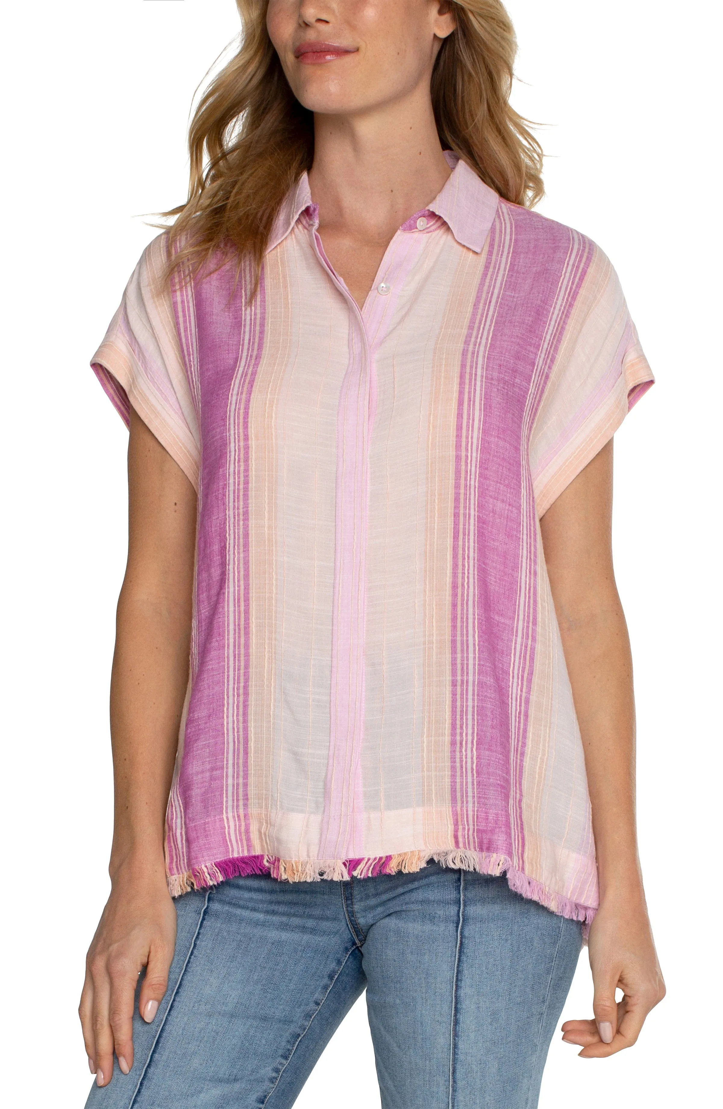 Liverpool Collared Camp Shirt w/ Hi-Low Hem and Fray (lavender multistripe)