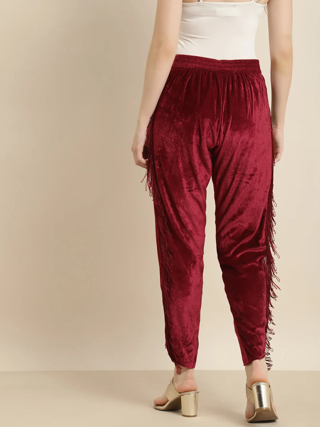 Luxurious Maroon Velvet Lace Fringe Tulip Pants