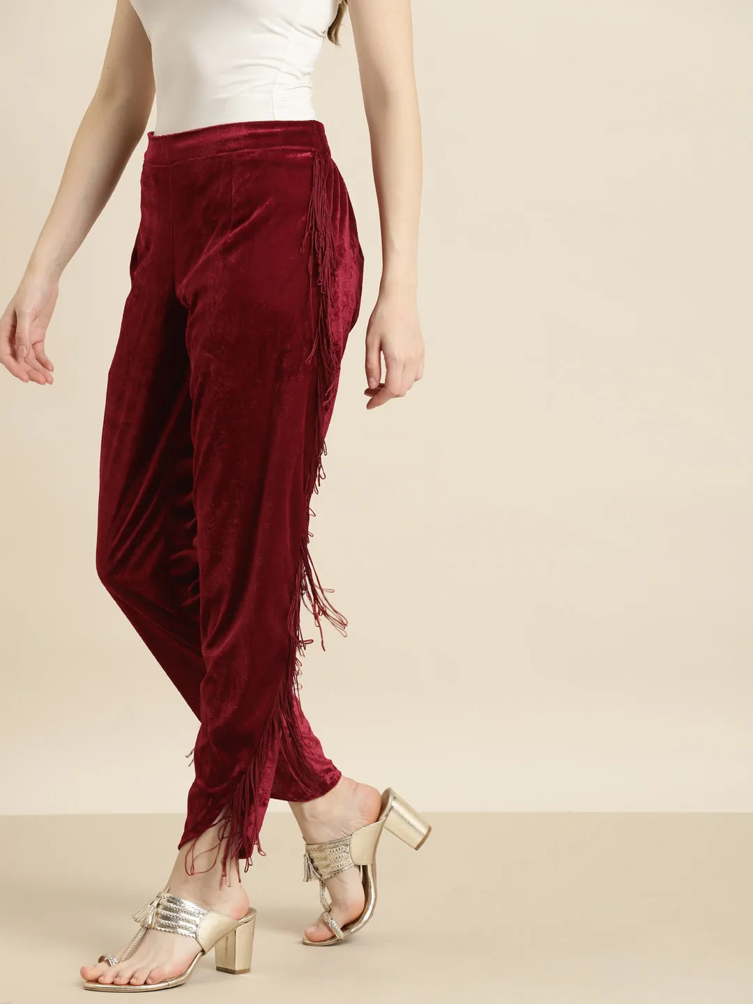 Luxurious Maroon Velvet Lace Fringe Tulip Pants