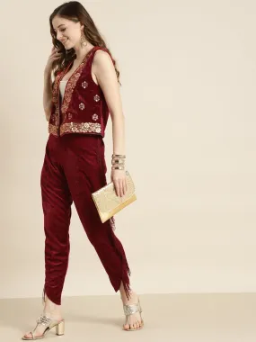 Luxurious Maroon Velvet Lace Fringe Tulip Pants