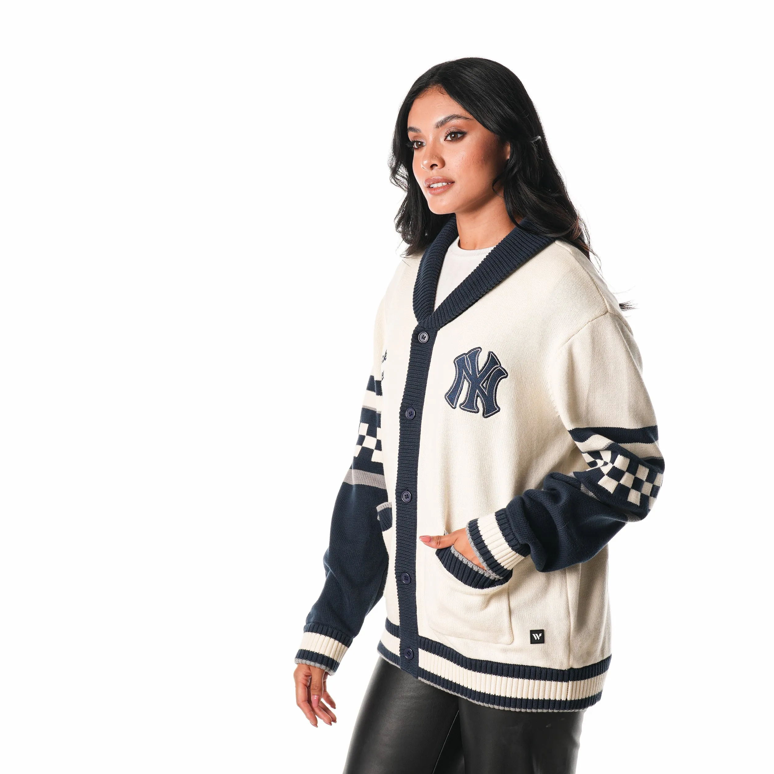 Cream NY Yankees Jacquard Button-Up Sweater