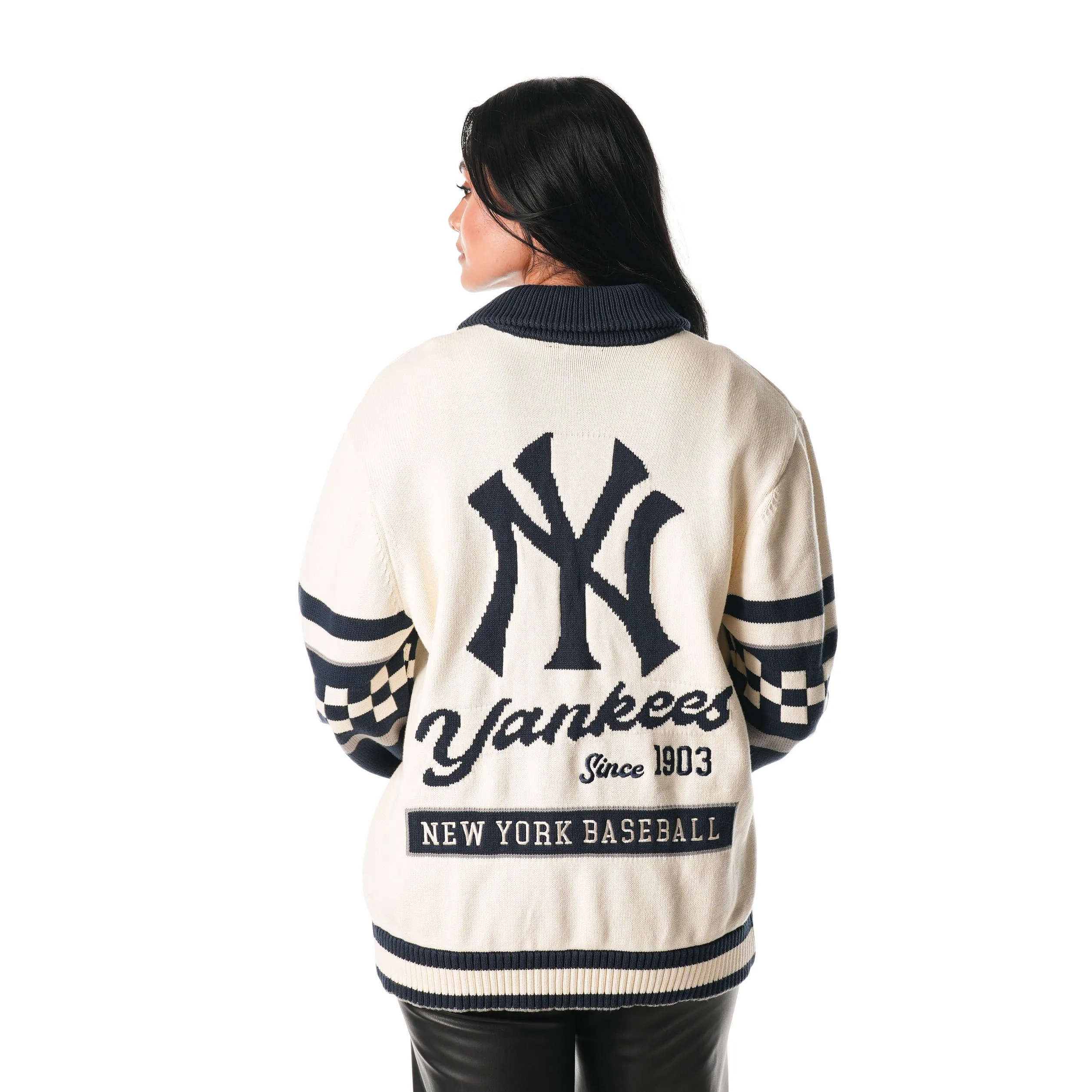 Cream NY Yankees Jacquard Button-Up Sweater