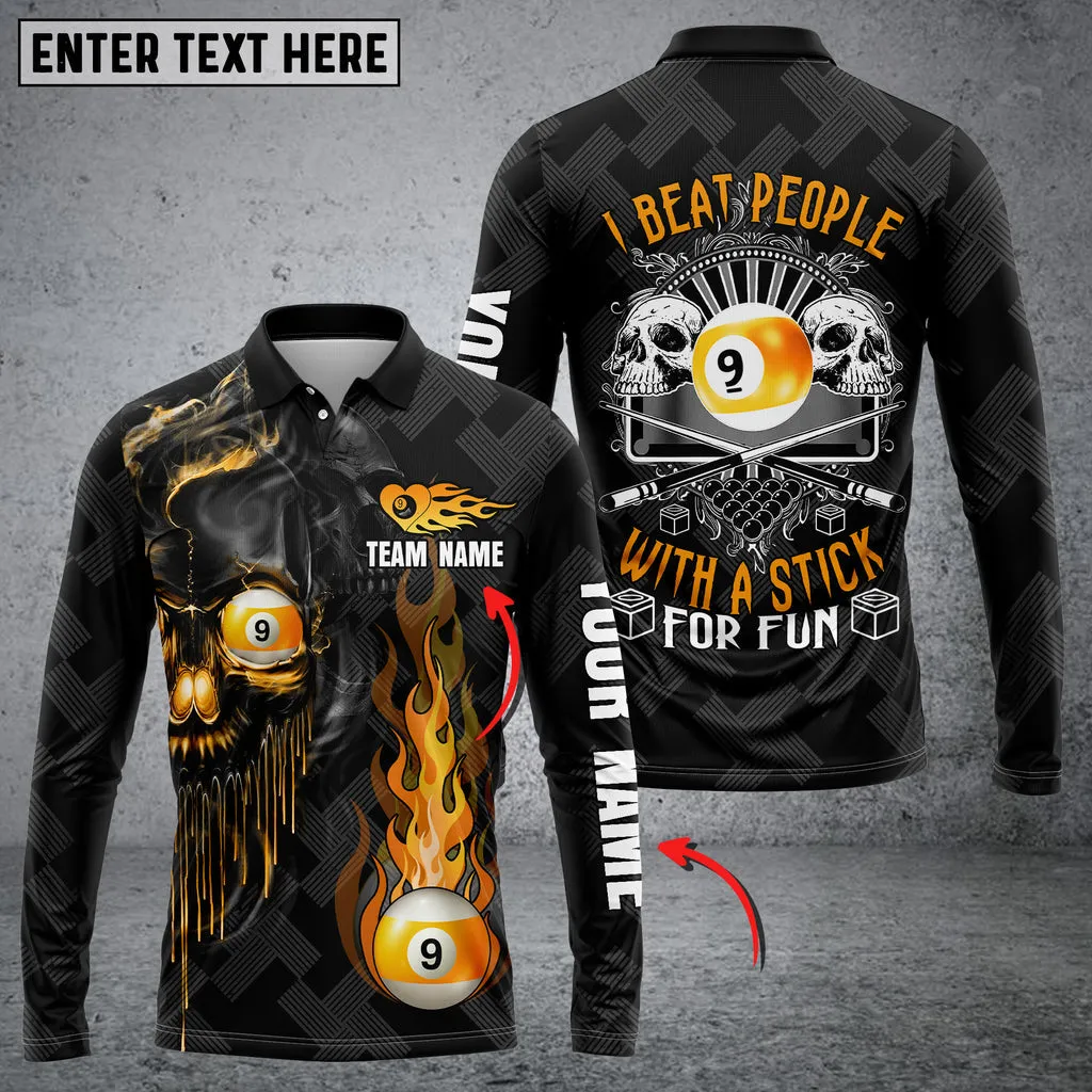 Personalized Name Pro Shot Skull Fire Billiards Long Sleeve Polo Shirt, Gift for Billiard Player