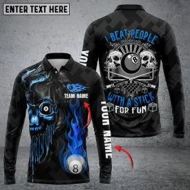 Personalized Name Pro Shot Skull Fire Billiards Long Sleeve Polo Shirt, Gift for Billiard Player