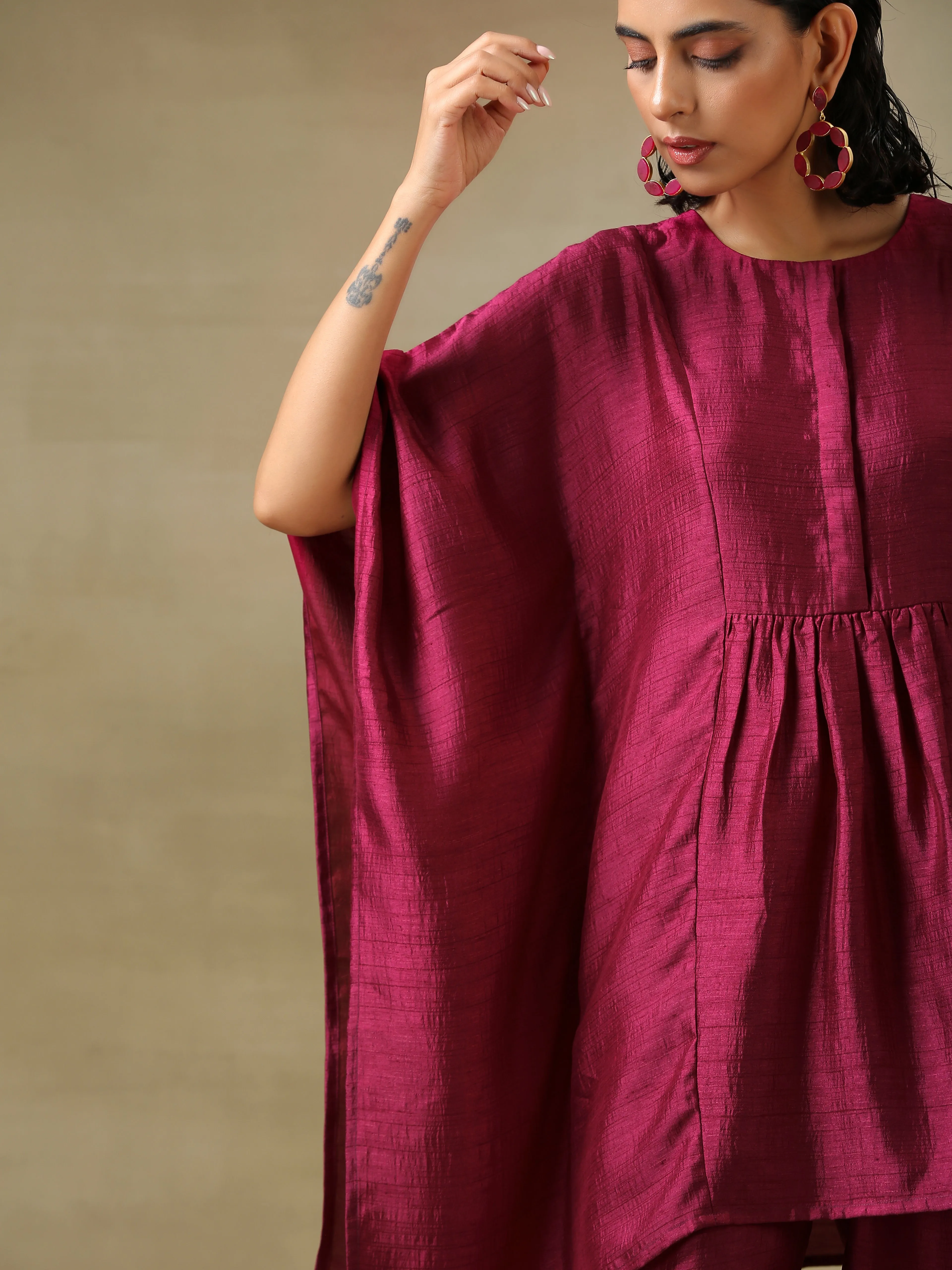 Purple Textured Silk Gathered Kaftan Co-Ord Set | Relove