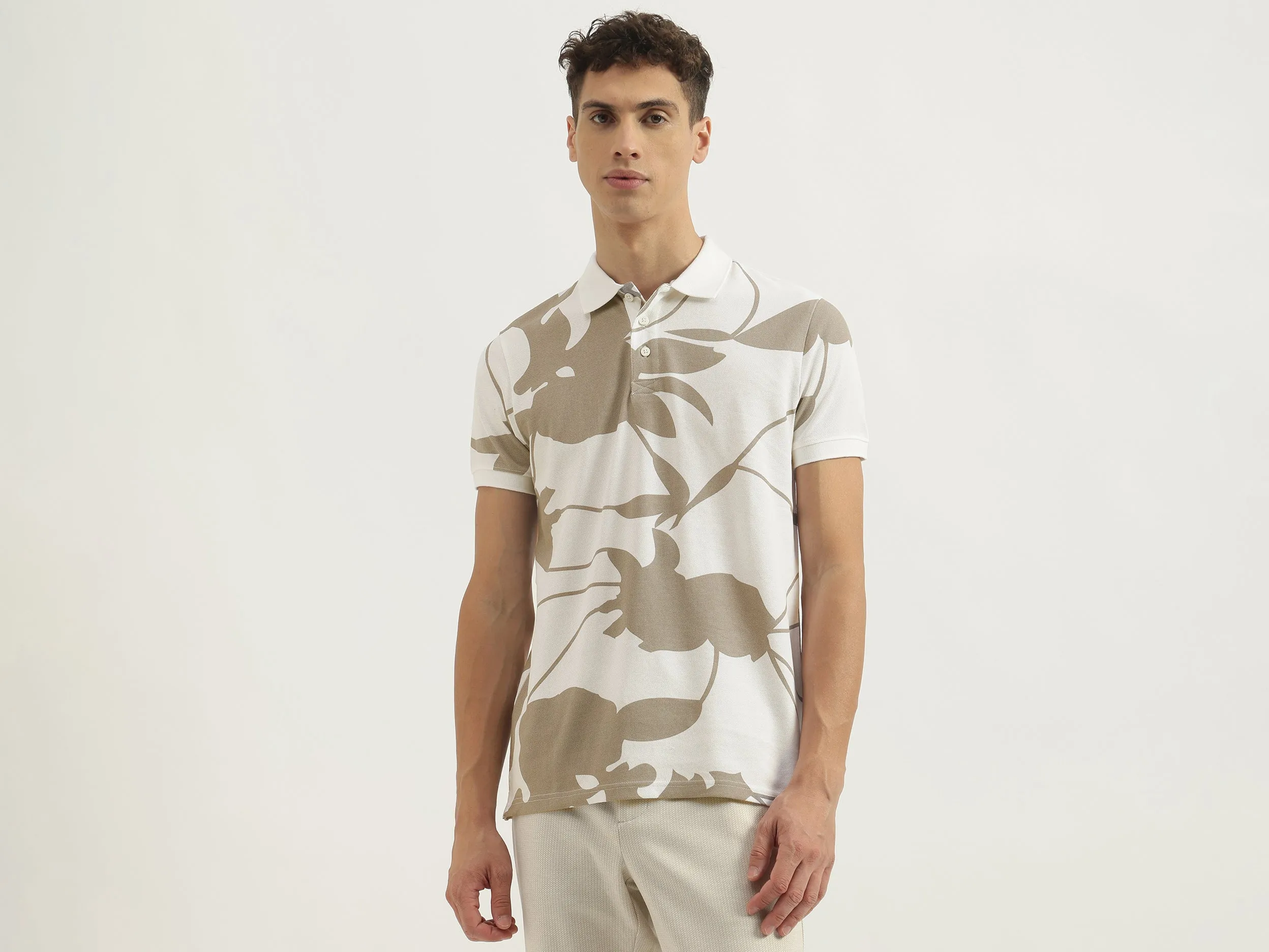 Regular Fit Polo Neck Floral Print Tshirt