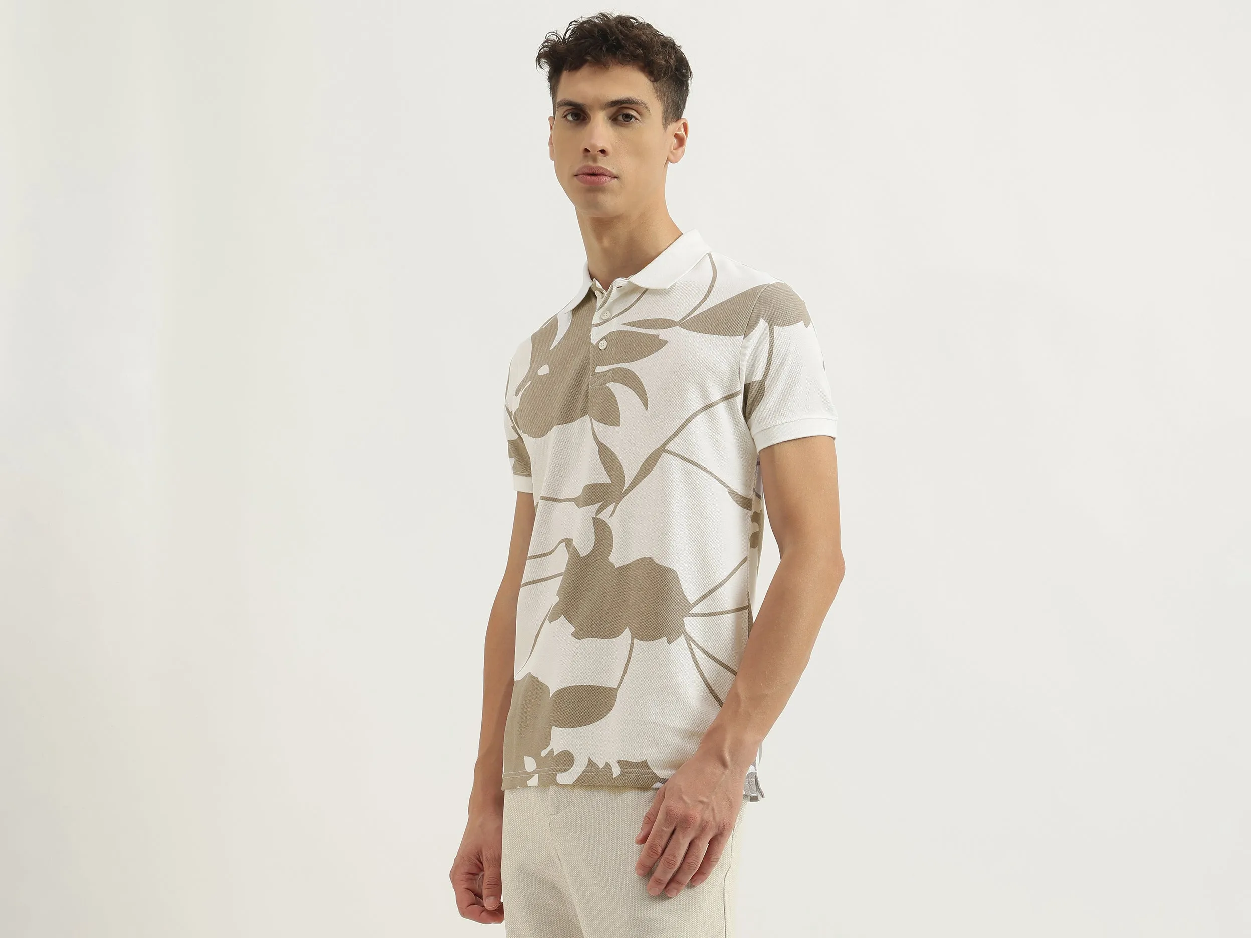 Regular Fit Polo Neck Floral Print Tshirt