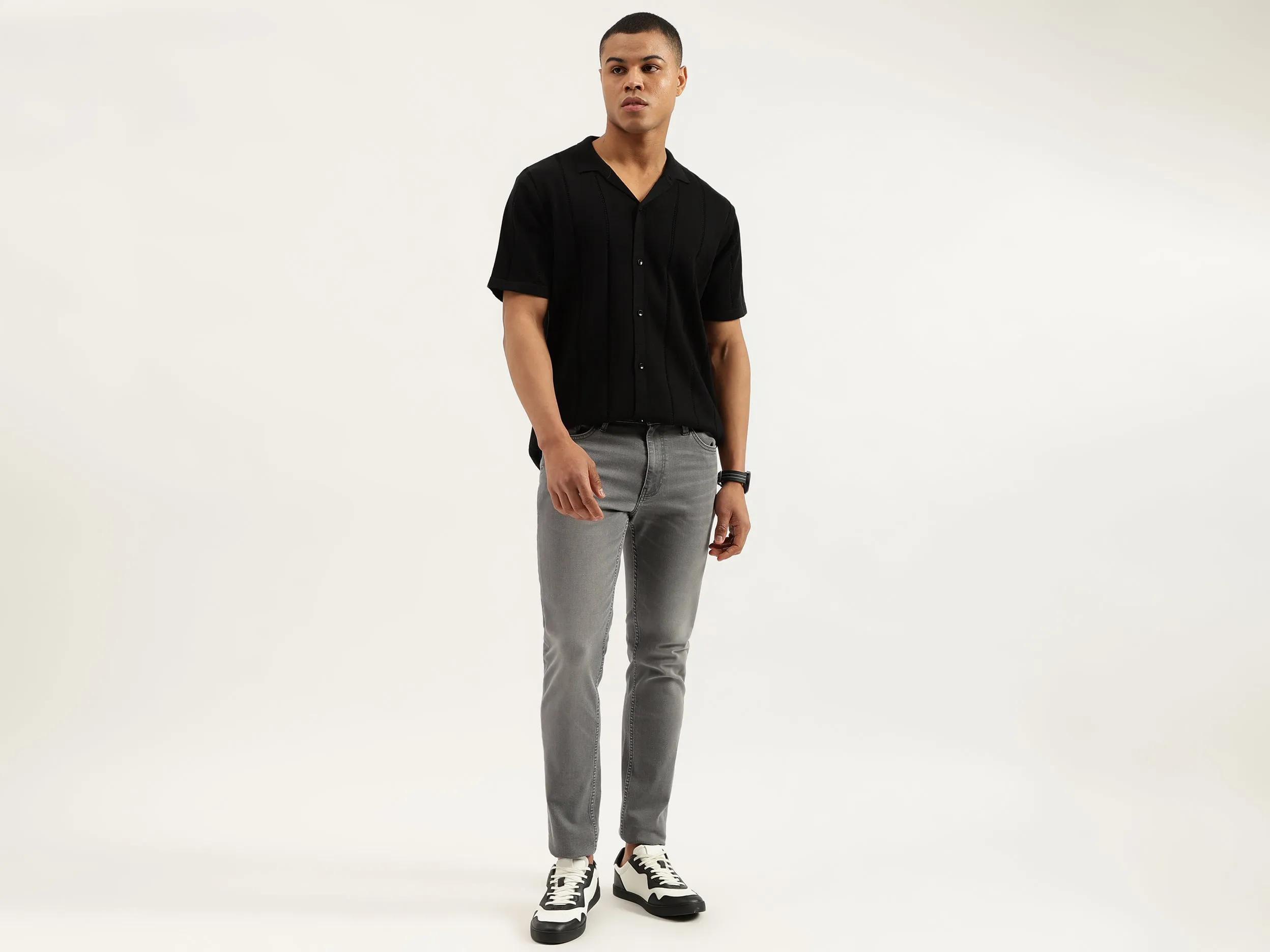 Regular Fit Polo Neck Self Design Tshirt