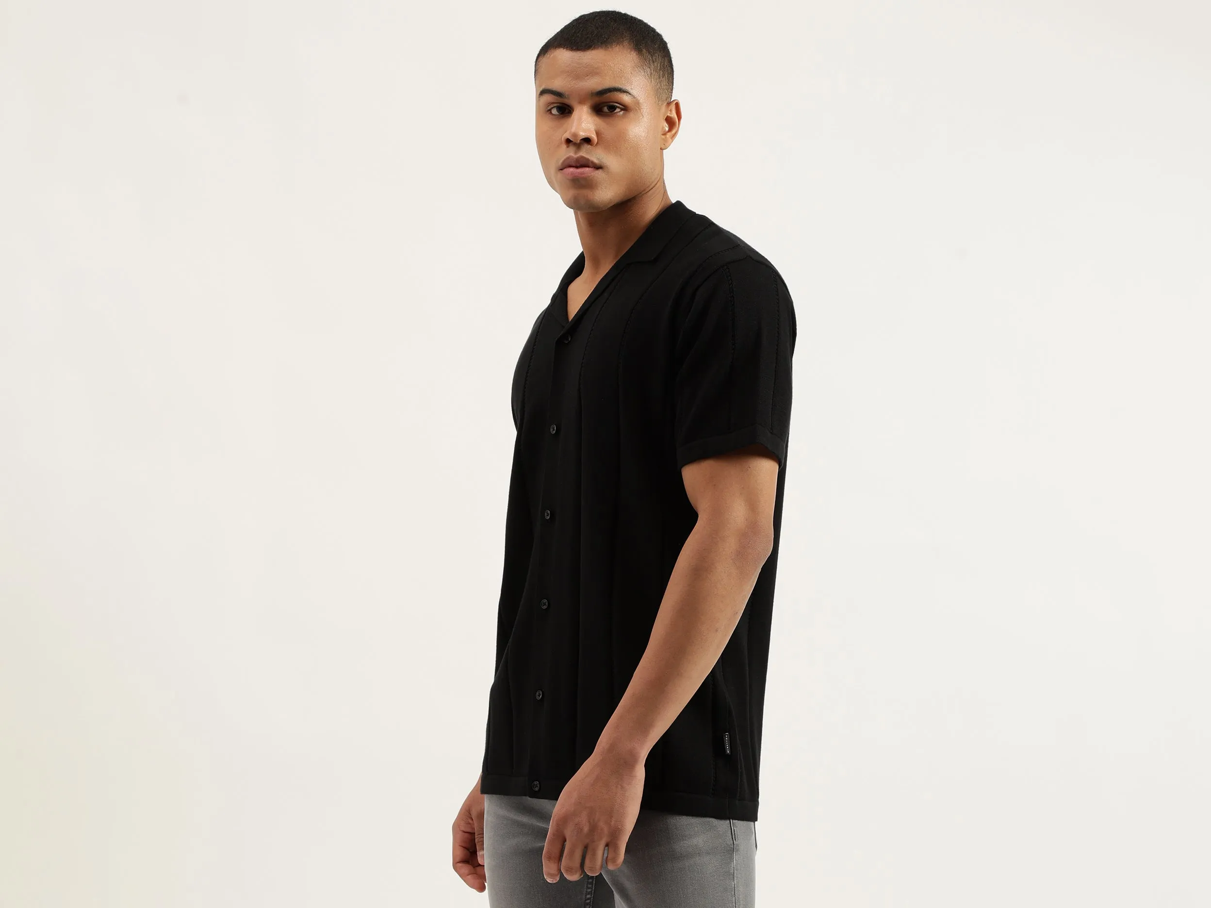 Regular Fit Polo Neck Self Design Tshirt
