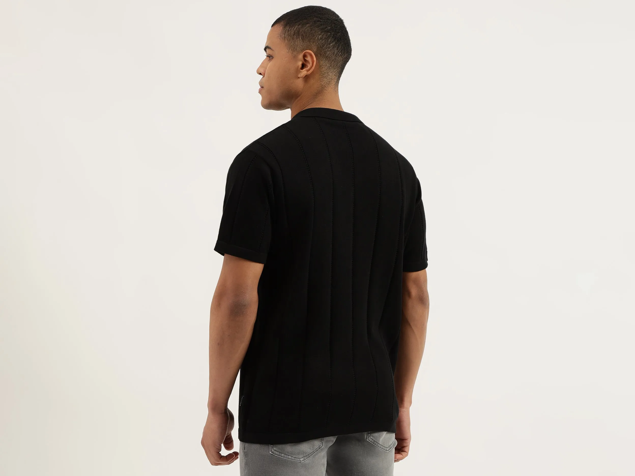 Regular Fit Polo Neck Self Design Tshirt