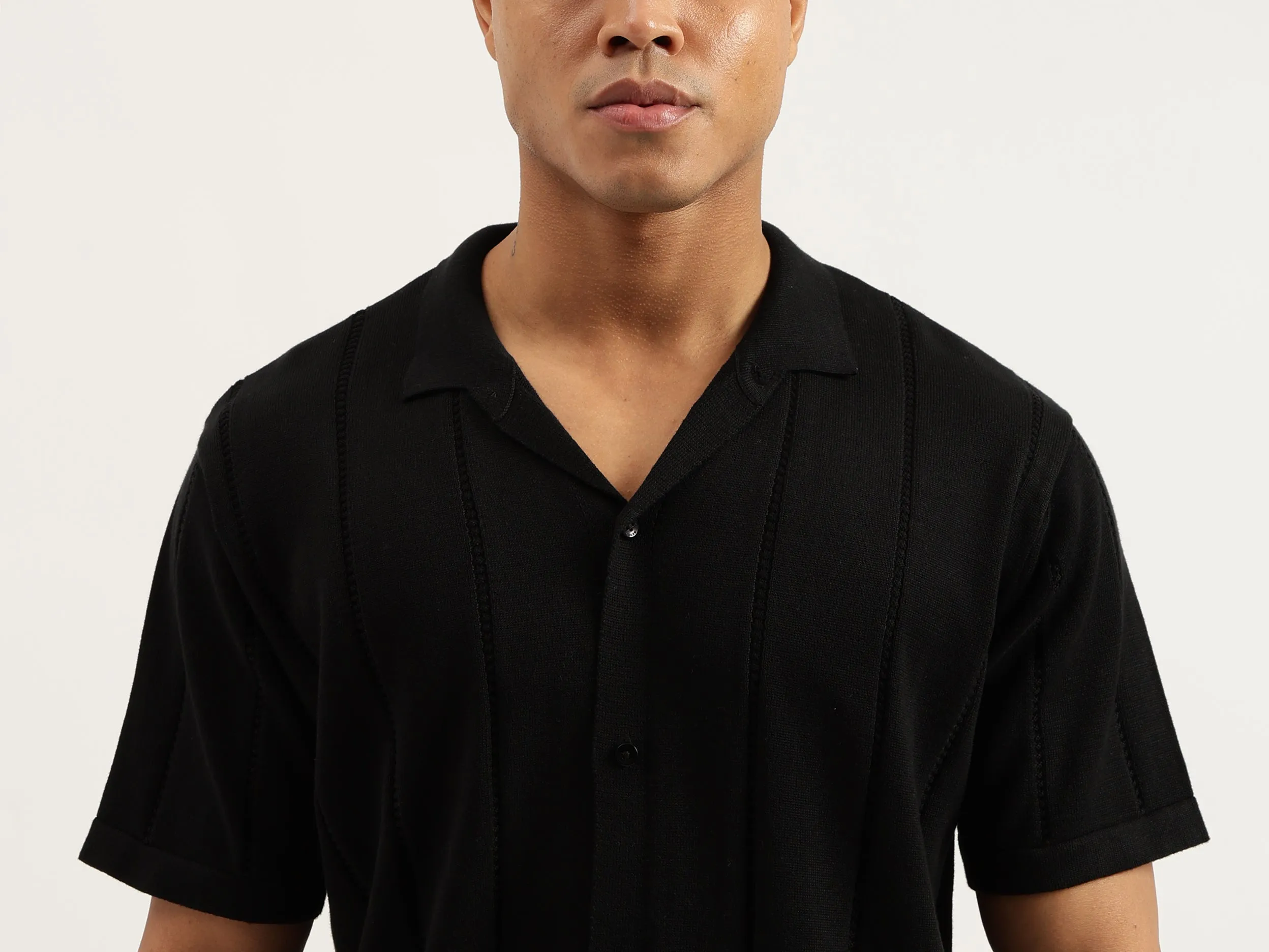 Regular Fit Polo Neck Self Design Tshirt