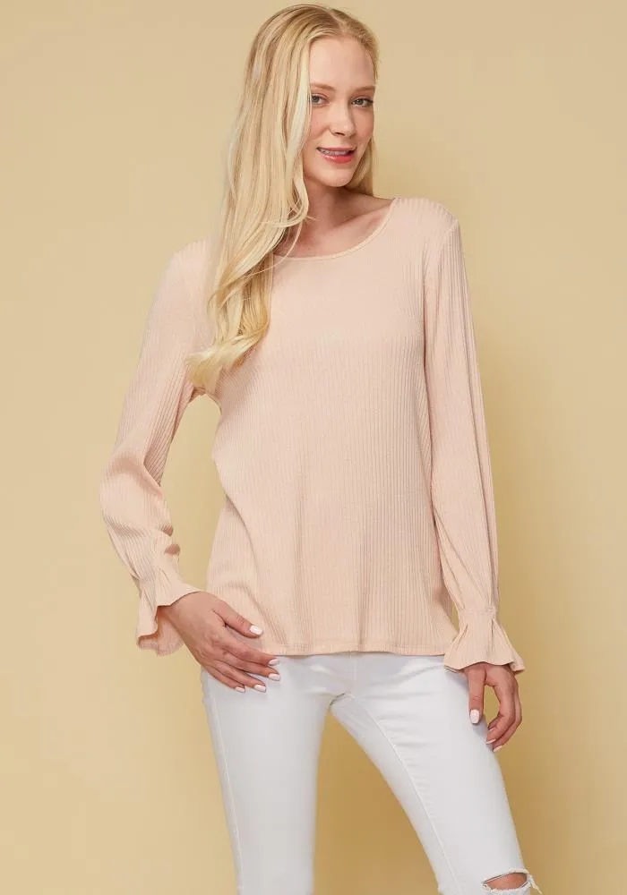 Ribbed Knit Top With Gathered Bell Cuff