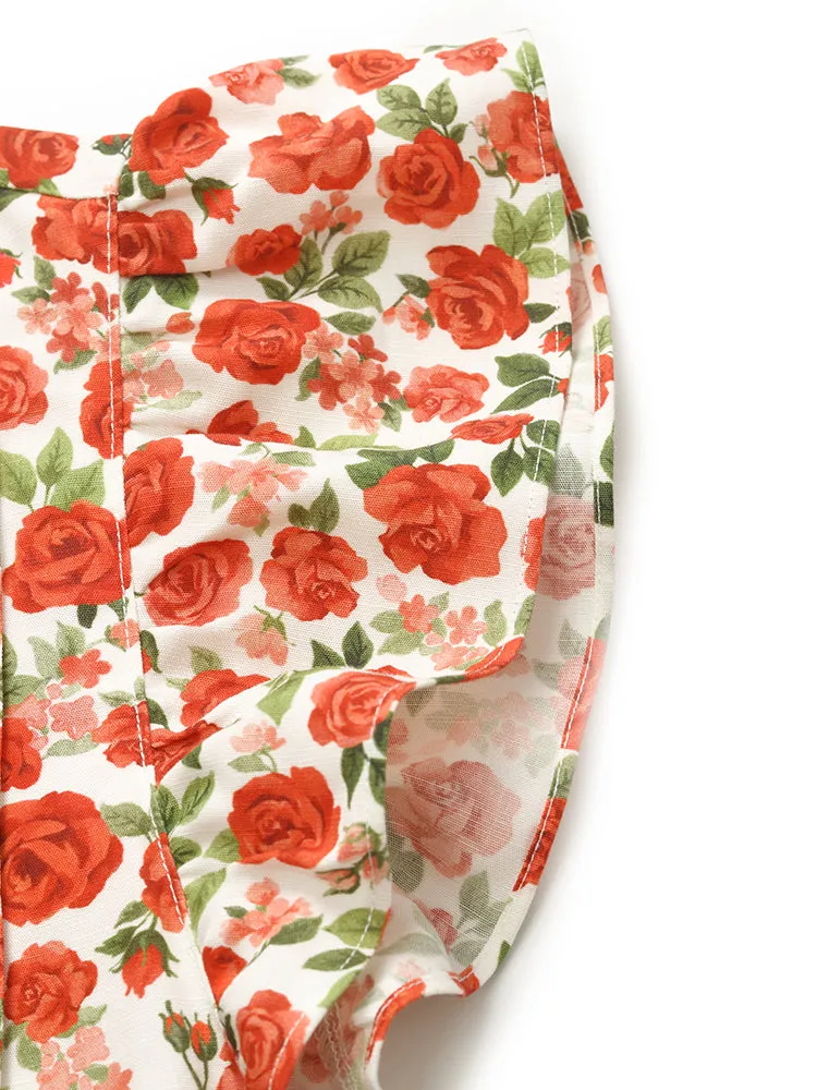 Rose Printed Ruffle Sleeves Mandarin Collared Women Mini Dress