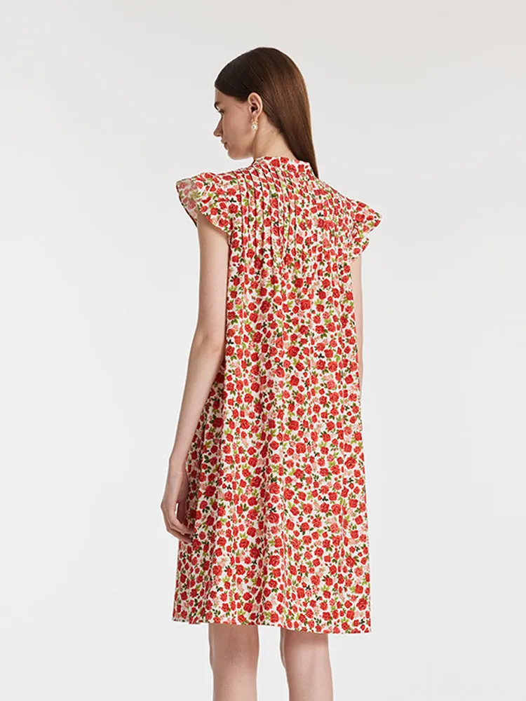 Rose Printed Ruffle Sleeves Mandarin Collared Women Mini Dress