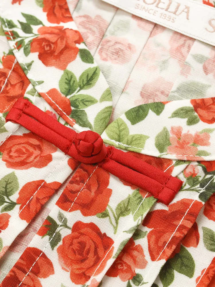 Rose Printed Ruffle Sleeves Mandarin Collared Women Mini Dress