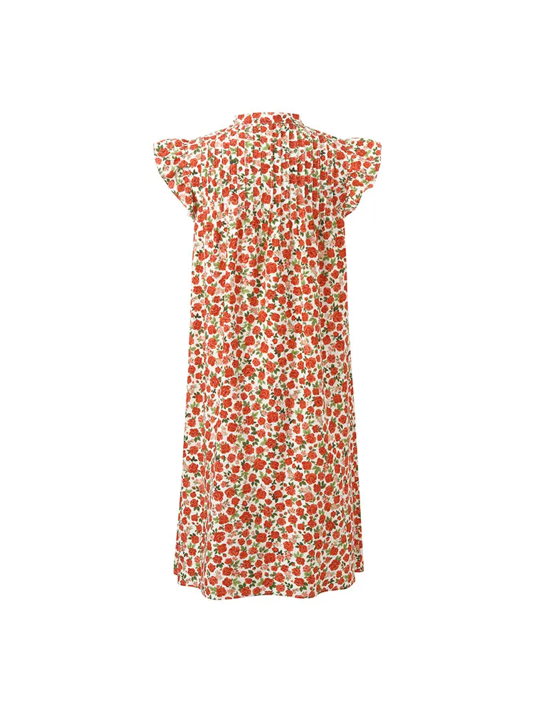 Rose Printed Ruffle Sleeves Mandarin Collared Women Mini Dress
