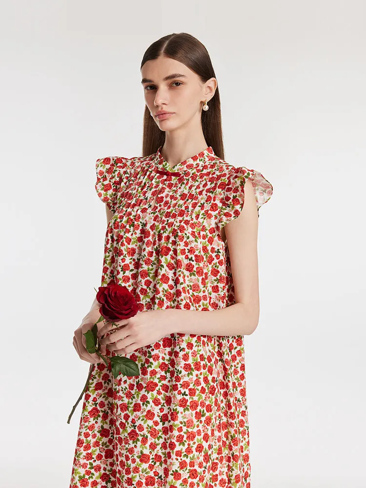 Rose Printed Ruffle Sleeves Mandarin Collared Women Mini Dress