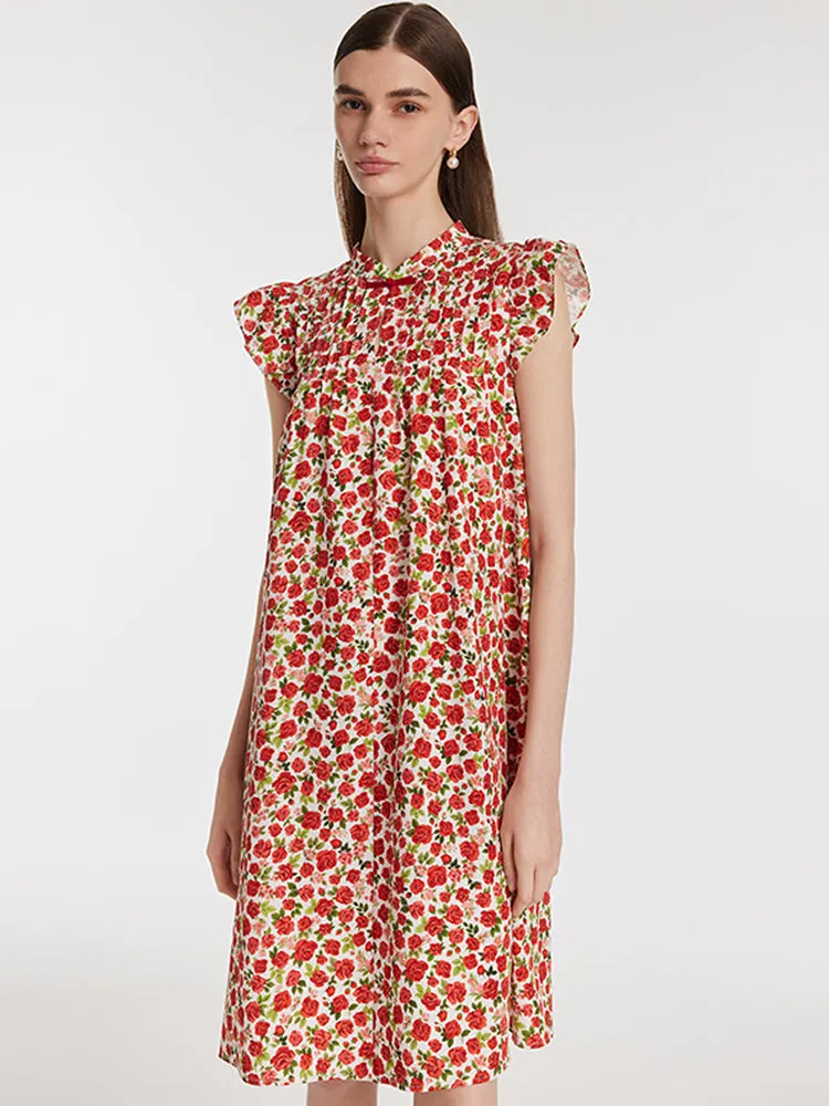 Rose Printed Ruffle Sleeves Mandarin Collared Women Mini Dress