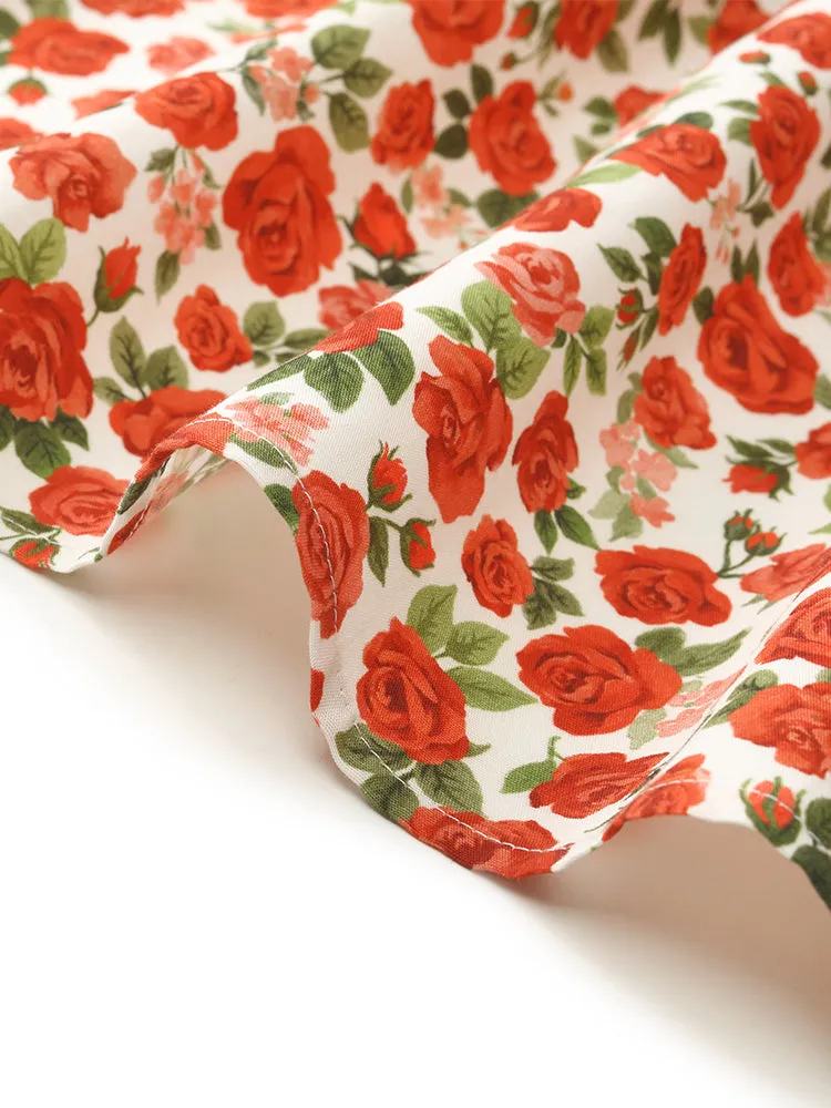 Rose Printed Ruffle Sleeves Mandarin Collared Women Mini Dress