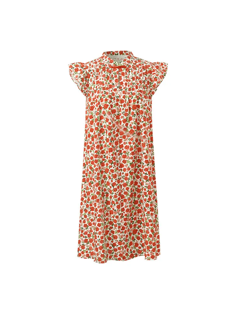Rose Printed Ruffle Sleeves Mandarin Collared Women Mini Dress