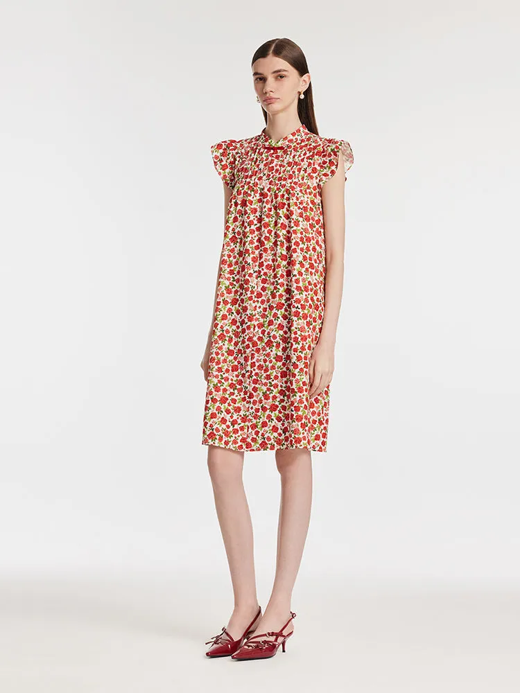 Rose Printed Ruffle Sleeves Mandarin Collared Women Mini Dress