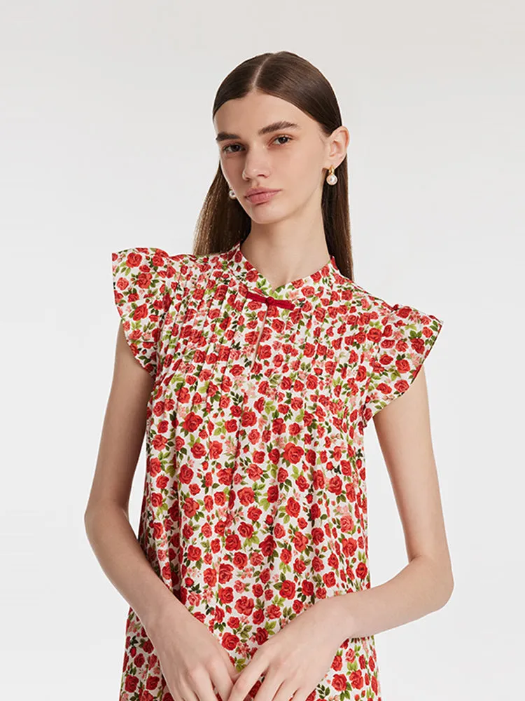 Rose Printed Ruffle Sleeves Mandarin Collared Women Mini Dress