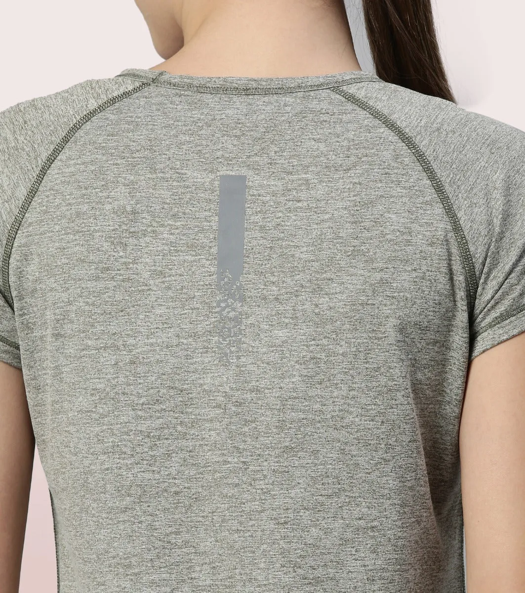 Slim Active Tee | Short Sleeve Raglan Scoop Neck Slim Active Tee With Reflective Graphic On Back