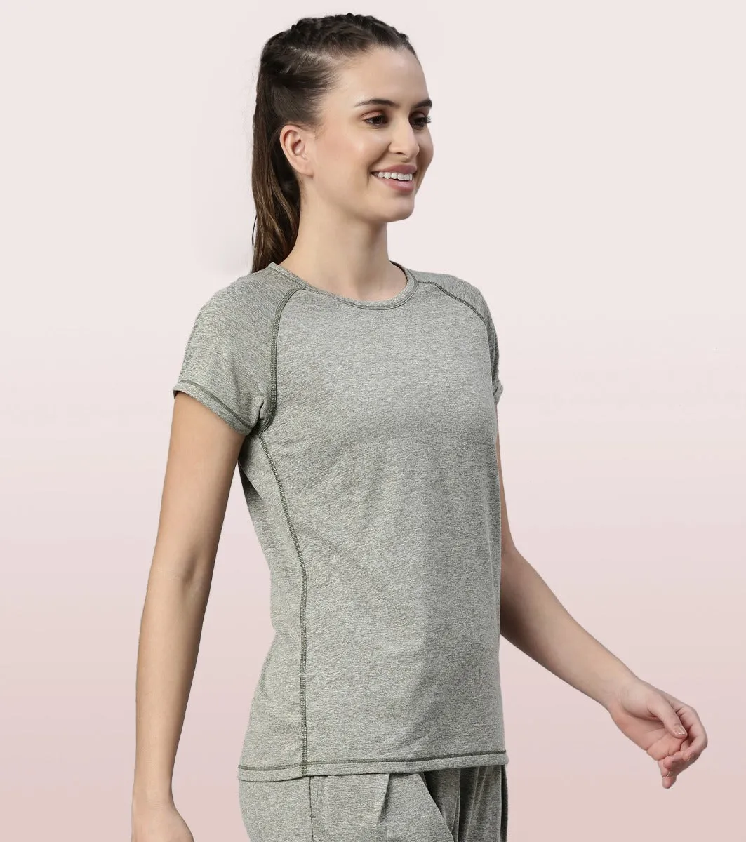 Slim Active Tee | Short Sleeve Raglan Scoop Neck Slim Active Tee With Reflective Graphic On Back