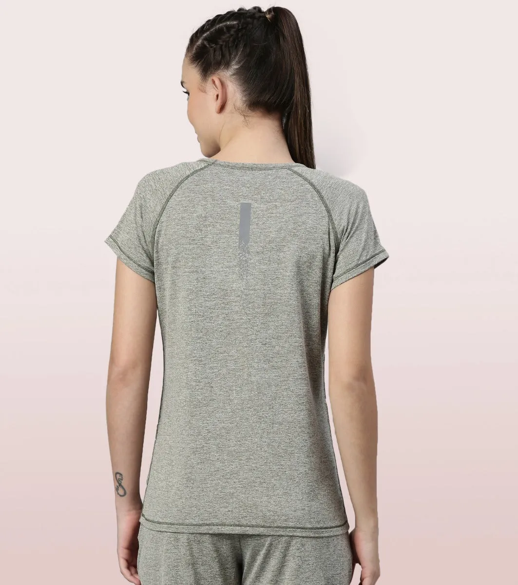 Slim Active Tee | Short Sleeve Raglan Scoop Neck Slim Active Tee With Reflective Graphic On Back