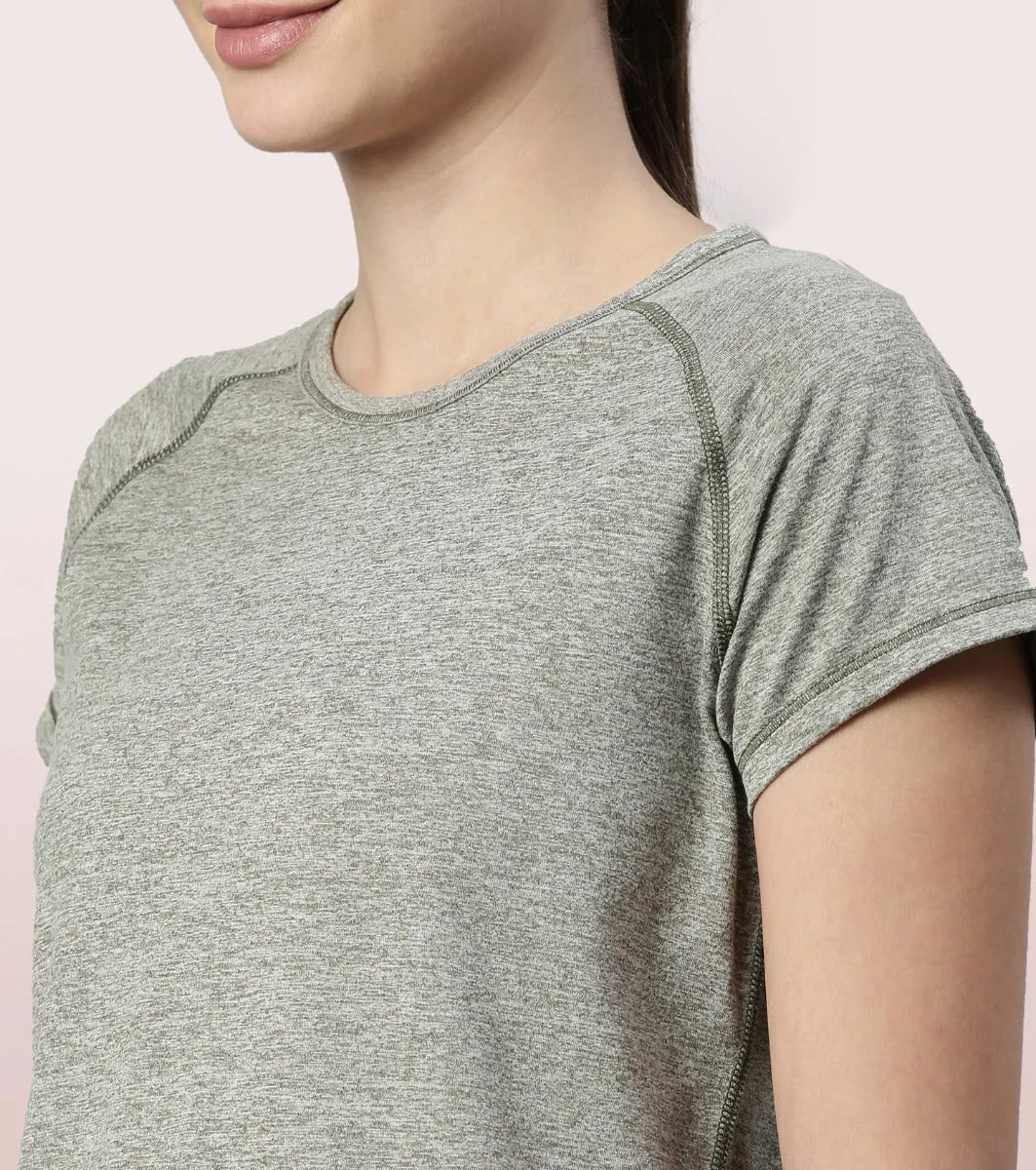 Slim Active Tee | Short Sleeve Raglan Scoop Neck Slim Active Tee With Reflective Graphic On Back
