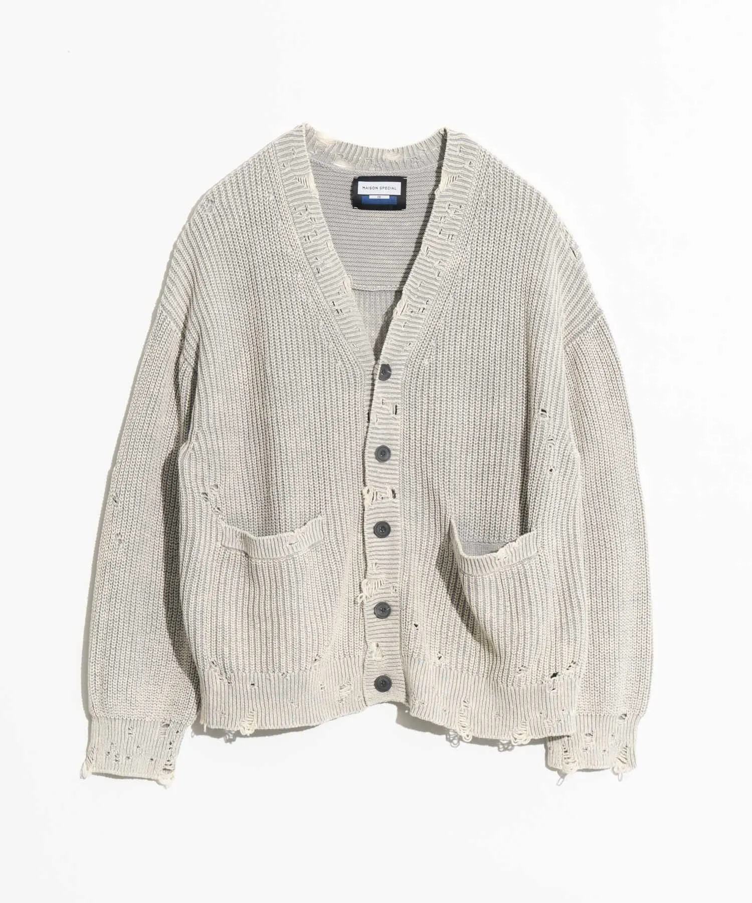 Snow Wash Damaged Prime-Over V-Neck Knit Cardigan