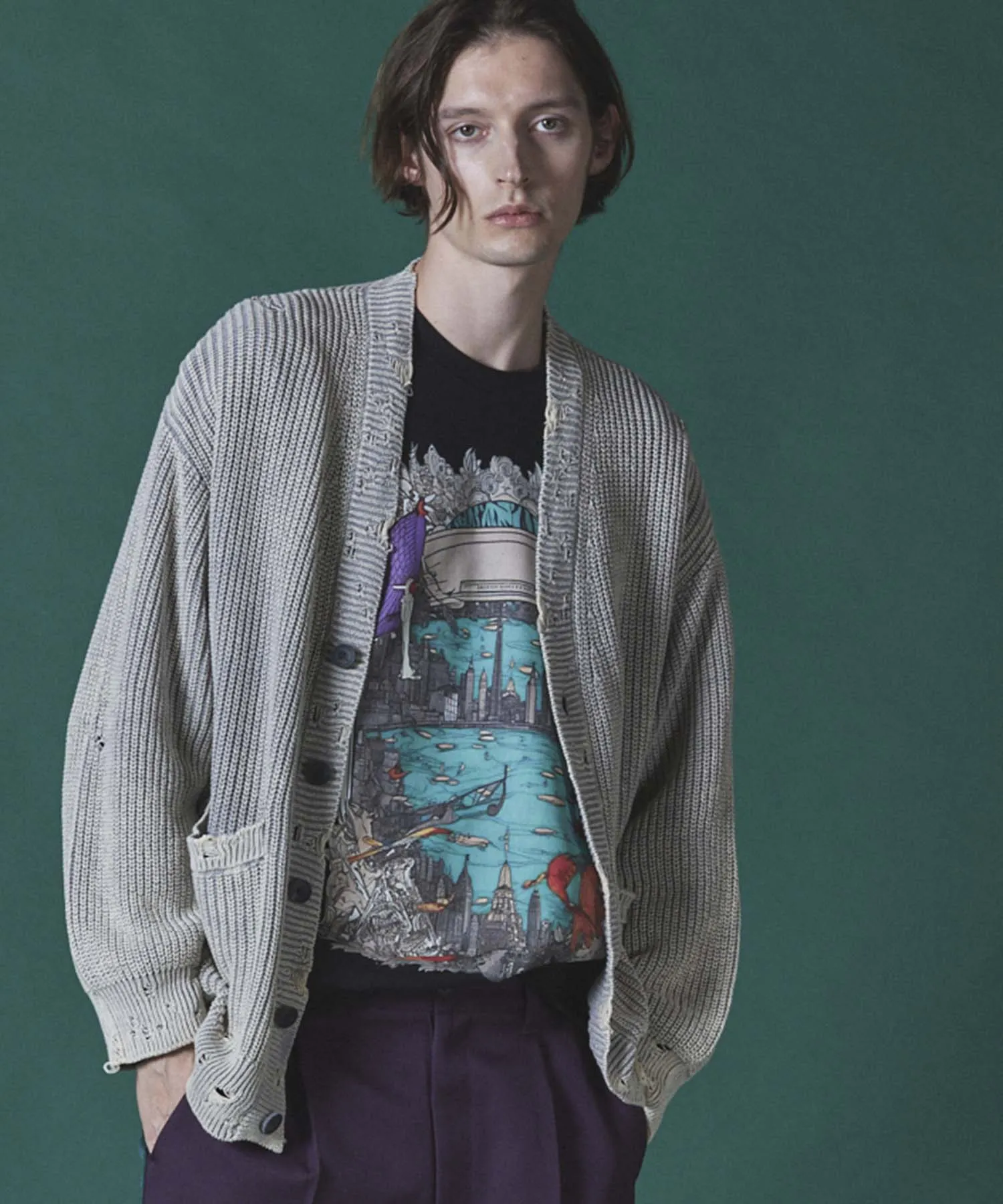 Snow Wash Damaged Prime-Over V-Neck Knit Cardigan