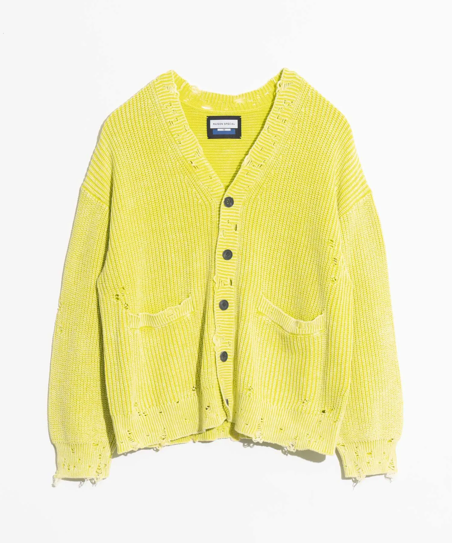 Snow Wash Damaged Prime-Over V-Neck Knit Cardigan