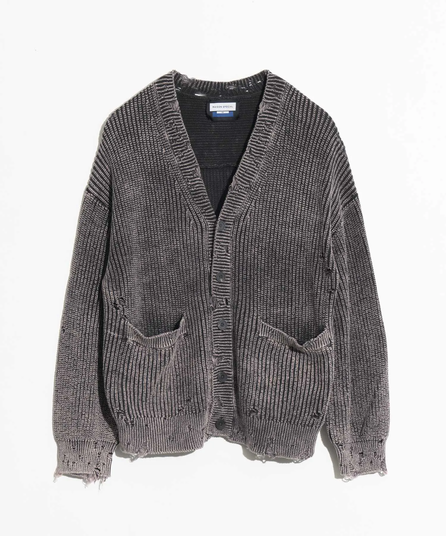 Snow Wash Damaged Prime-Over V-Neck Knit Cardigan
