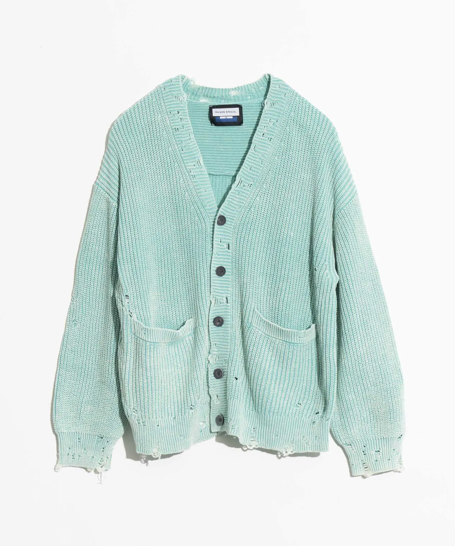 Snow Wash Damaged Prime-Over V-Neck Knit Cardigan