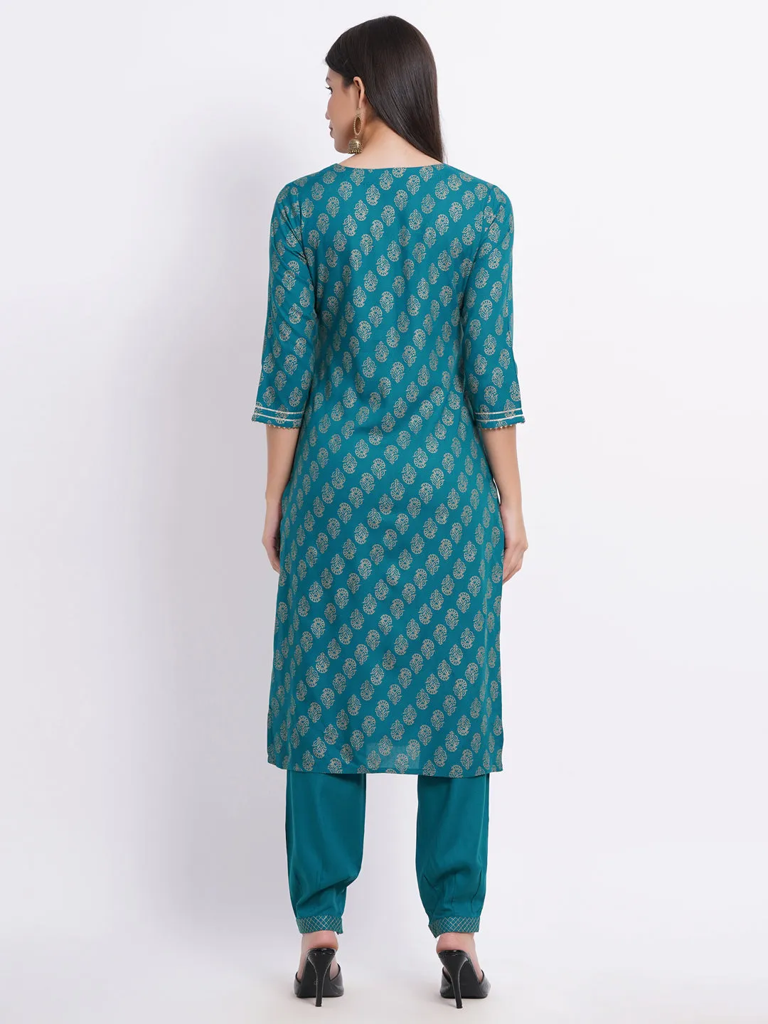 SUTI Women Elegant Gold Printed Kurta Set with Craft Button & Dori Tassels