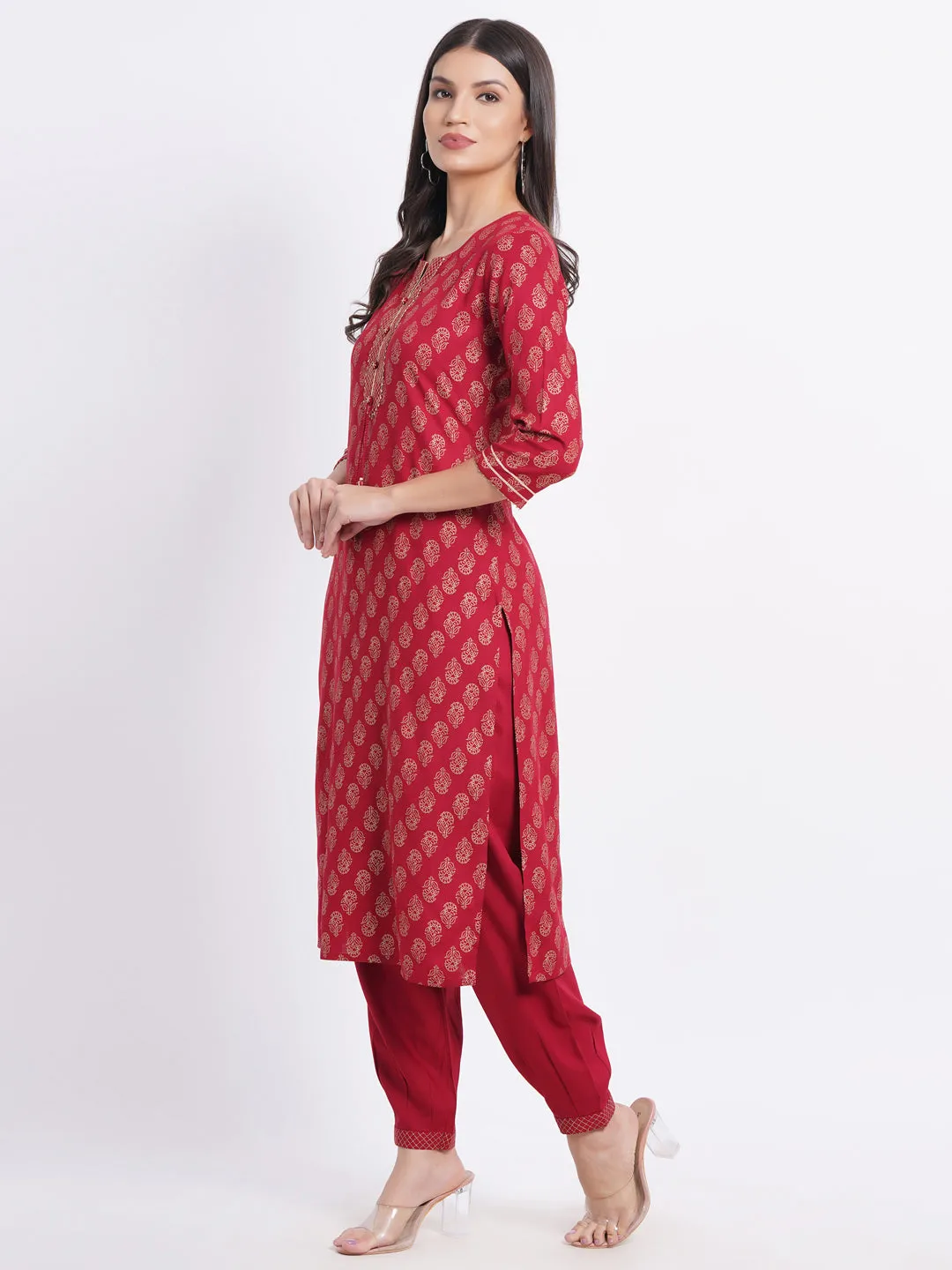 SUTI Women Elegant Gold Printed Kurta Set with Craft Button & Dori Tassels