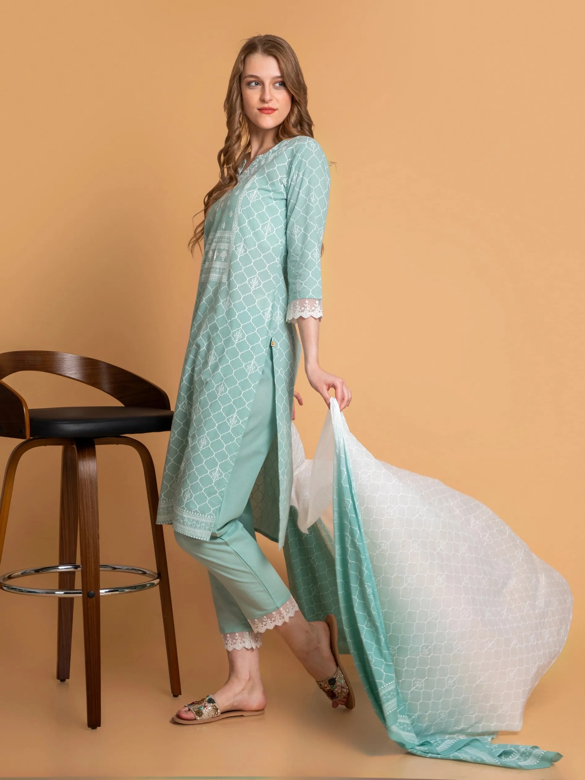 SUTI WOMEN MUL-COTTON KHADI PRINTED 3 PCS KURTA SET