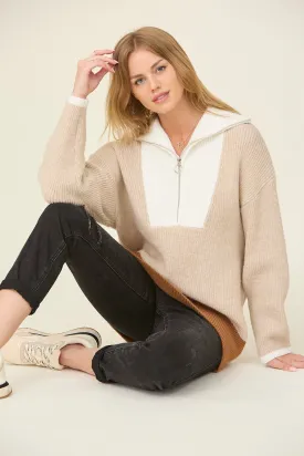 TAUPE IVORY HALF ZIP SWEATER