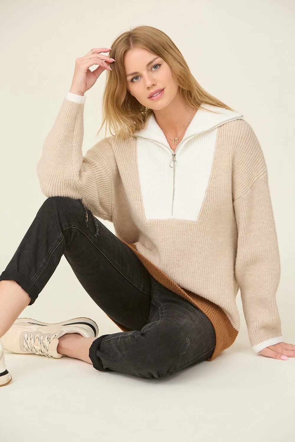 TAUPE IVORY HALF ZIP SWEATER