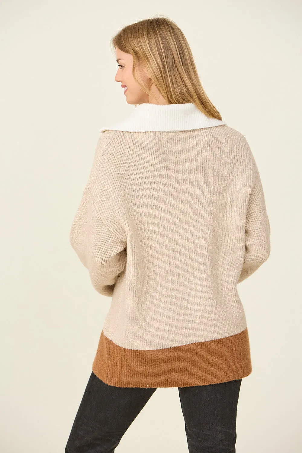 TAUPE IVORY HALF ZIP SWEATER