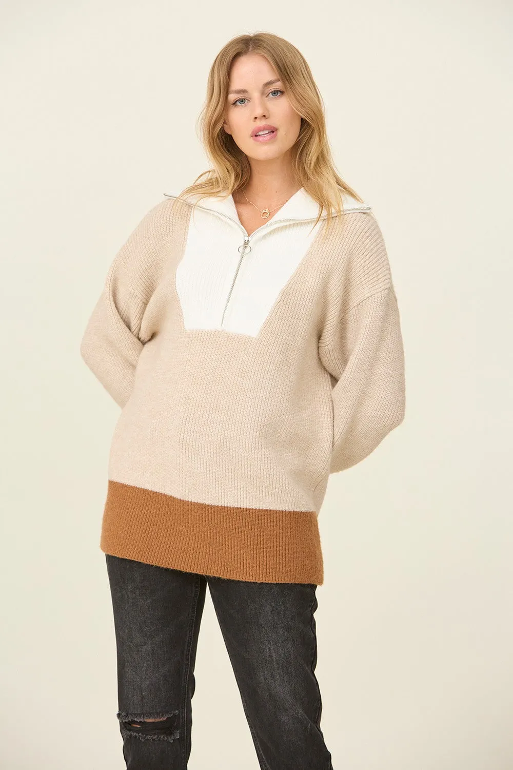 TAUPE IVORY HALF ZIP SWEATER