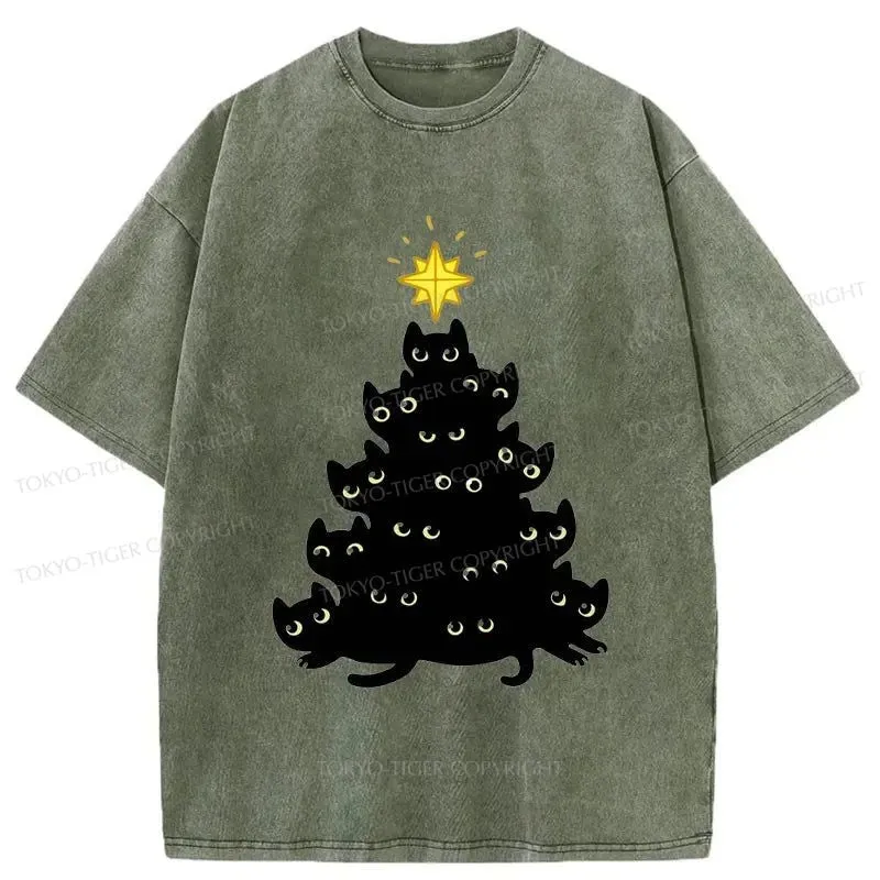 Tokyo-Tiger Black Cat Christmas Tree Washed T-Shirt