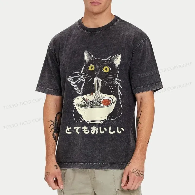 Tokyo-Tiger Cats Eat Ramen Noodles Washed T-Shirt