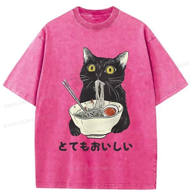 Tokyo-Tiger Cats Eat Ramen Noodles Washed T-Shirt