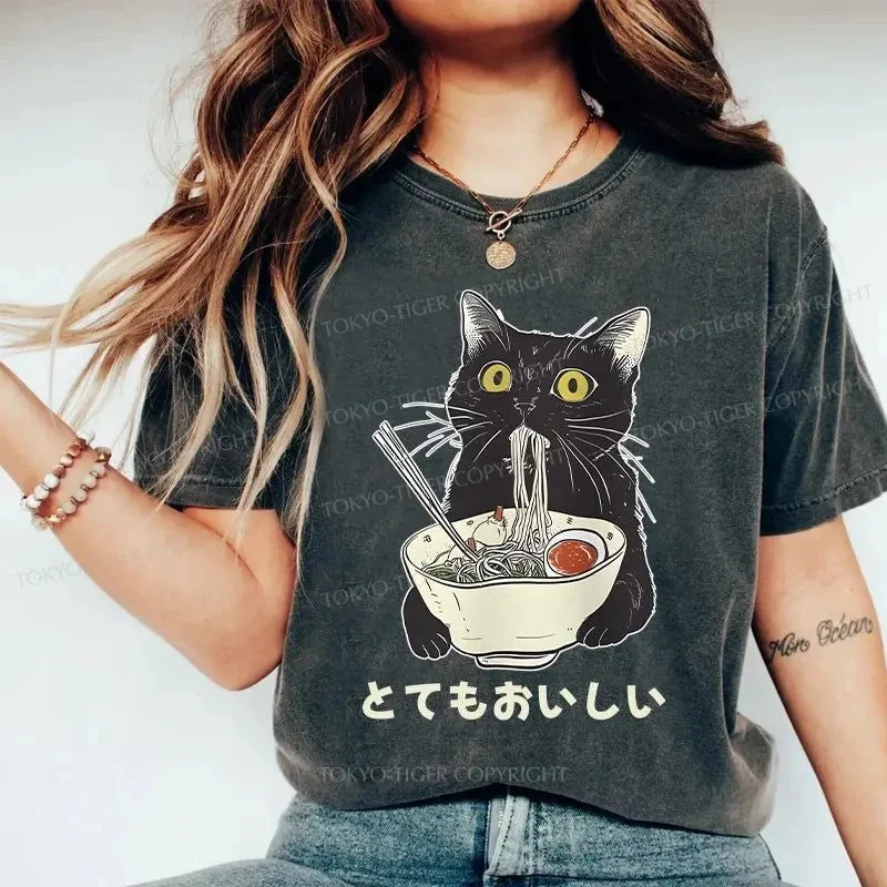 Tokyo-Tiger Cats Eat Ramen Noodles Washed T-Shirt